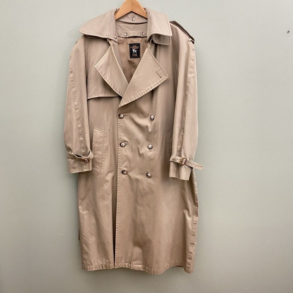 Hart Schaffner & Marx Trench Coat Mens 40R Beige Khaki Wool Blend Lined Belted